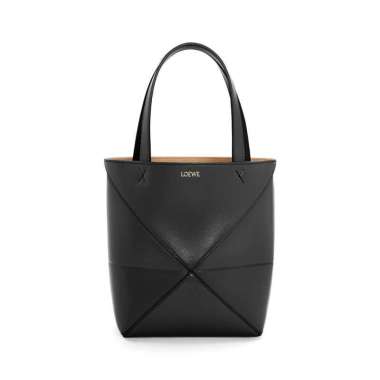 Loewe Mini Puzzle Shiny Calfskin Tote Black Black