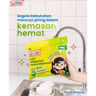 Leony Sabut Plastik Premium Set 3+1 - Spons Cuci Piring