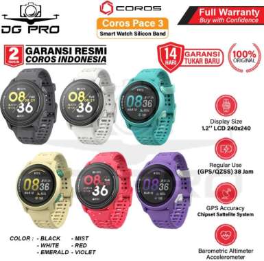 Coros Pace 3 GPS Sport Smart Watch Silicone Band Garansi Resmi BLACK