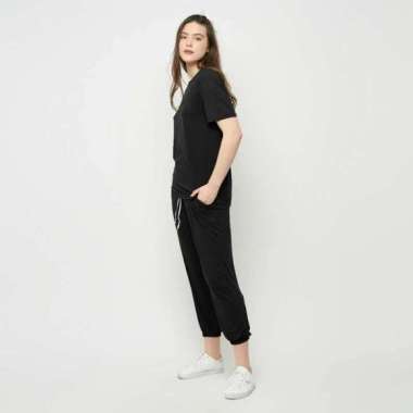 Cottonology Setelan Piyama Celana Panjang Polos Wanita Hitam S
