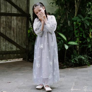 Pastel Kidswear Puff Sleeves Long Dress Anak Perempuan Grey M