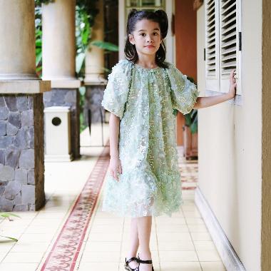Pastel Kidswear Floral 3D Sequin Dress Anak Perempuan Sage Green XL