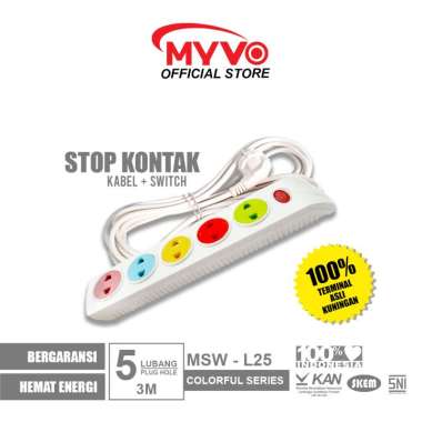 MYVO Stop Kontak 5 Lubang 3 Meter MSW-L25 Warna Asli Kuningan