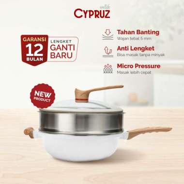 Cypruz White Die Cast 32cm Wok +Steamer+1pc Long Handle and Low Pressure Knob