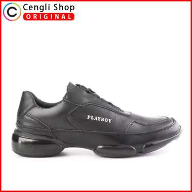 PL63 SEPATU PRIA SNEAKER PLAYBOY ORIGINAL SNEAKERS KETS KULIT ASLI ORI ALL FULL BLACK HITAM POLOS