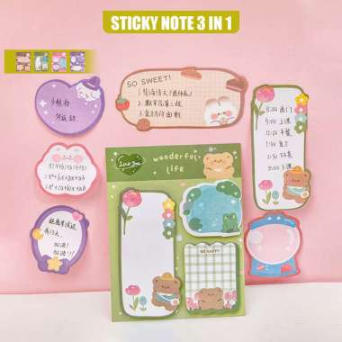 OEM ONE-A89 Sticky Note 3 IN 1 Motif Kartun Bear Cat Kertas Memo Kombinasi Pola Hewan / Tempelan Ker