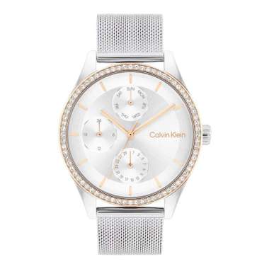 Jam Tangan Wanita Calvin Klein Multifunction 25100010 Ladies Silver Dial Stainless Steel Mesh Strap