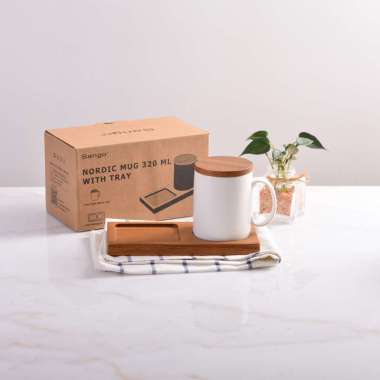SANGO Set Mug Cangkir dengan Alas Tatakan / Coaster Kayu Nordic Putih