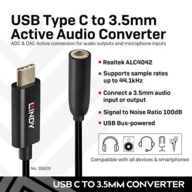 LINDY 35629 Audio Converter USB Type C to Aux 3.5mm Active Hifi DAC