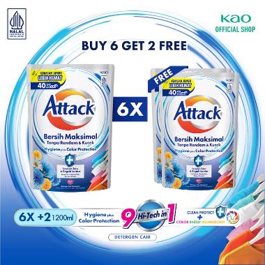 (BUY 6 FREE 2) Attack Hygiene Plus Protection 1200 ML - Sabun Cuci Pakaian Liquid