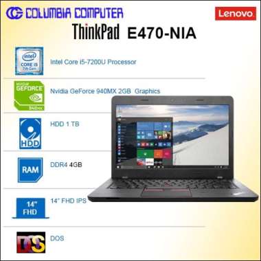 Lenovo ThinkPad E470-NIA Laptop - Hitam [14 Inch/Intel Core i5-7200U/DOS/4GB/1TB/NVIDIA 940MX/3 Cell