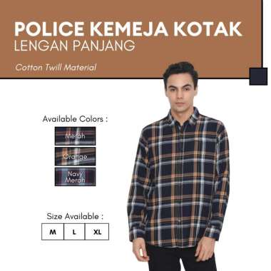 POLICE Kemeja Kotak Twill Regular Fit Lengan Panjang Pria Merah M