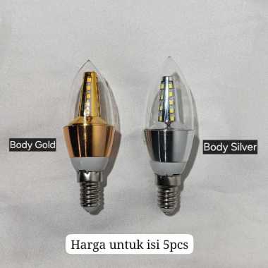 lampu candle led e14 5 watt/lampu Gantung hias Isi 5 Pcs CAHAYA PUTIH + E27 BODY SILVER