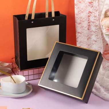 Premium Hampers Gift Box Bag / Kotak Dus Mika Kado|Hadiah|Kue|Souvenir [Dirakit] Hitam BoxBag