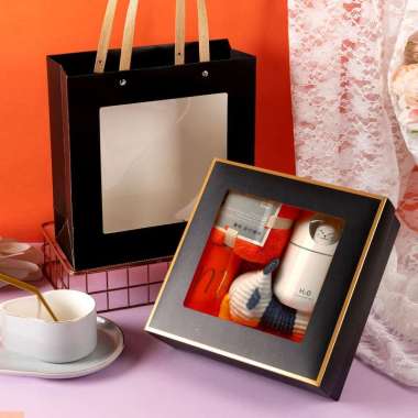 Premium Hampers Gift Box Bag / Kotak Dus Mika Kado|Hadiah|Kue|Souvenir Hitam Box + Bag