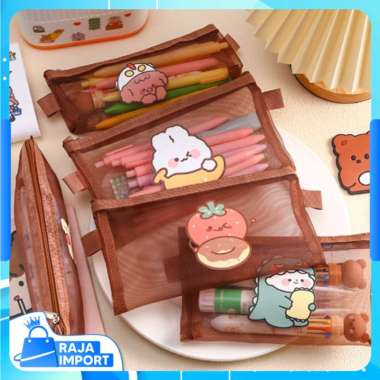 Raja Import S5776 Tempat Pensil Zipper Coklat Motif / Tempat pensil jaring zipper transparant / Temp