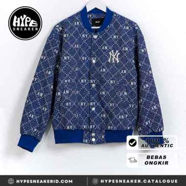 Jaket MLB NY MONOGRAM WHITE BLUE BOMBER JACKET 100% ORIGINAL L