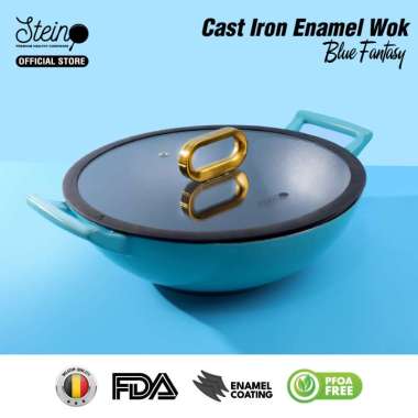 STEIN Cast Iron Wok| Inner Coating Enamel Belgium | Non-Stick Blue Fantasy