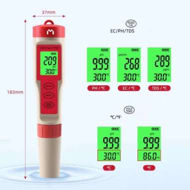 Mediatech ATC 9908 - 1900134 Waterproof Auto Calibrate PH TDS EC Temp Meter Merah