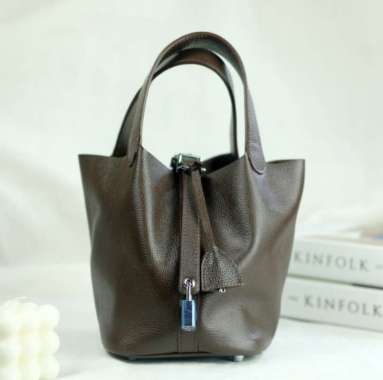Sendy Leather PICO 18cm Tas Wanita Kulit Sapi Asli Picotin Mini Awet Brown Silver