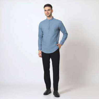 Cotton Well Oman Henley Shirt Blue │Kemeja Koko Basic Lengan Panjang Biru L