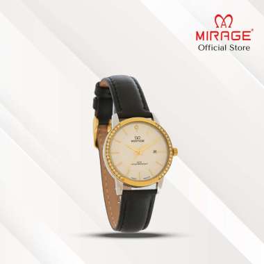 Mirage Jam Tangan Kulit Wanita Permata Analog 8805 L Silver Gold Original Leather Plat Putih