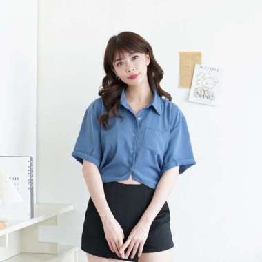 Nuboutique - Cecile Crop Top - Blouse Atasan Crop Wanita Kancing Depan Casual Basic BLUE
