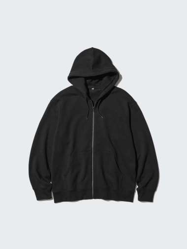 UNIQLO Jaket Sweat Hoodie pria Ritsleting Full Zip Black XL