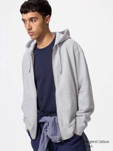 UNIQLO Jaket Sweat Hoodie pria Ritsleting Full Zip grey Gray XL
