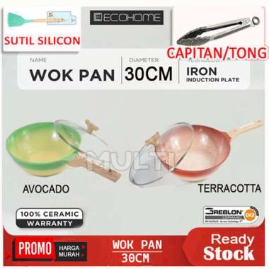 Wok Pan 30 cm Ecohome Cookware Greblon Ceramic Coating Anti Lengket AVOCADO