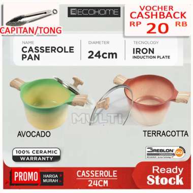 Panci Casserole 24 cm Ecohome Cookware Greblon Ceramic Anti Lengket AVOCADO