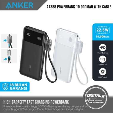 Anker Powerbank 10.000mAh Fast Charging PD 22.5W Digital Display with Cable USB-C A1388 Putih