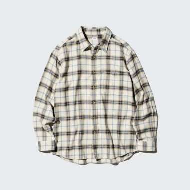 UNIQLO Kemeja Flannel Kotak Pria Lengan Panjang Natural XL
