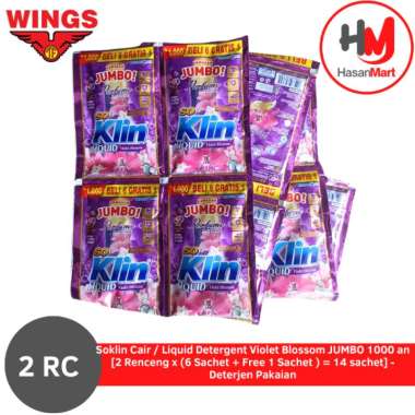 Soklin Cair / Liquid Detergent Violet Blossom JUMBO 1000 an [2 Renceng x (6 Sachet + Free 1 Sachet )