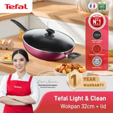 Tefal Light & Clean Wokpan 32cm+ lid - Panci Wajan Penggorengan Merah Hitam