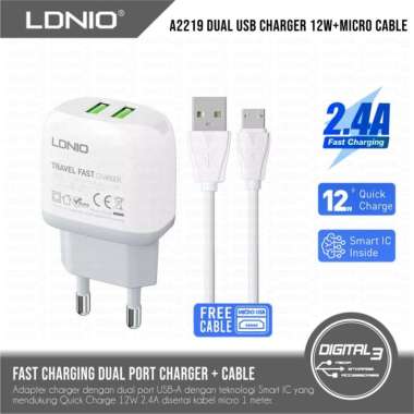 LDNIO Wall Charger A2219 Dual Port USB Adapter 12W Quick Fast Charging 2.4A Free Micro Cable 1m EU P