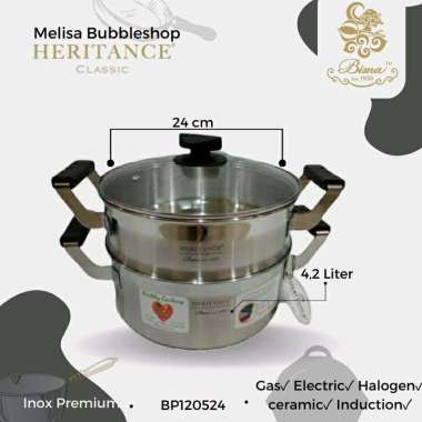 Bima Heritance Pot end Steamer Stainless 2Tier Panci Tim Tutup Kaca Set Peralatan Memasak 24cm Kukus