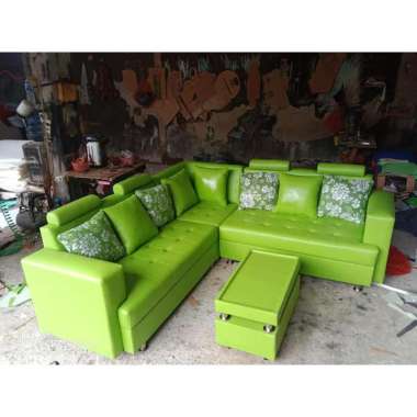 SOFA L MINIMALIS SUDUT GRATIS ONGKIR SERANG KOTA KULIT HIJAU BANTAL 8