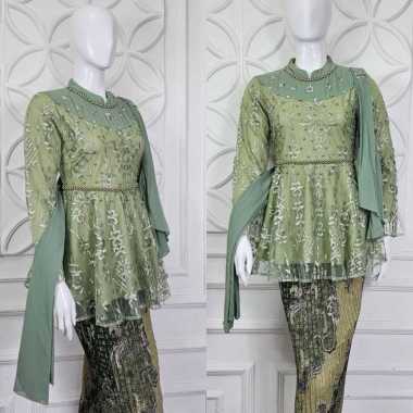 ARA - Setelan Rok Kebaya Wanita Modern Tunik Bahan Brukat Model Kebaya Modern Terbaru sage
