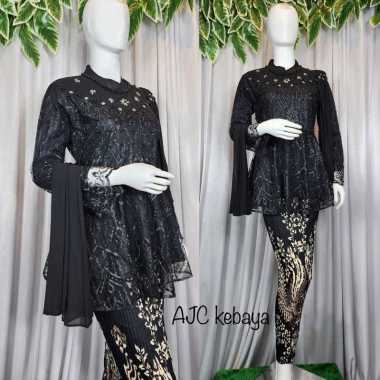 ARA - Setelan Rok Kebaya Wanita Modern Tunik Bahan Brukat Model Kebaya Modern Terbaru hitam