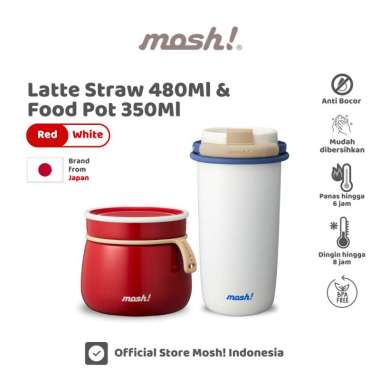 Mosh Bottle Latte Straw 480ML White & Mosh Food Pot 350ML Red