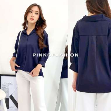 Pin&Ko Jihana Blouse L XL Kemeja Wanita Atasan Blouse Kantor Fashion Wanita XL Biru
