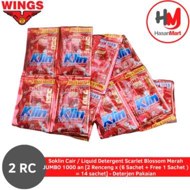 Soklin Cair / Liquid Detergent Scarlet Blossom Merah JUMBO 1000 an [2 Renceng x (6 Sachet + Free 1 S
