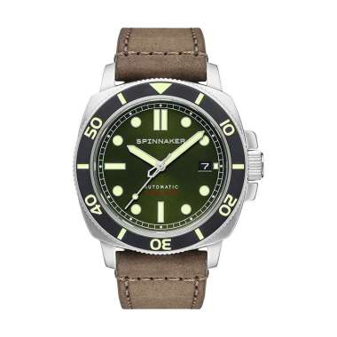 Jam Tangan Pria Spinnaker Hull Diver SP-5088-03 Alligator Green Dial Light Brown Leather Strap