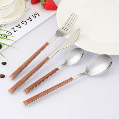 ONE-C1166 Sendok Garpu Stainless Steel Korea Handle Kayu / Alat Makan Sendok Garpu Gagang Kayu Wood