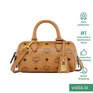 MCM Mini Ella Visetos Monogram Boston Bag Cognac Brown