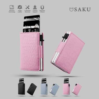 SAKU Dompet Kartu Pria Wanita Smart Wallet Card Holder RFID Crocodile Singe Soft Pink