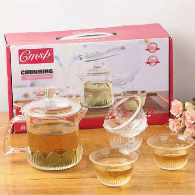 Pitcher Teko Kaca Set Gelas Drink Set 5 Pcs Water Set Kimglass Ketel Riak Jug Glass Tutup Dan Handle