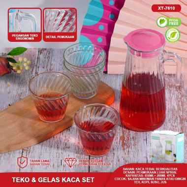 Pitcher Teko Kaca Set Gelas Drink Set 5 Pcs Water Set Kimglass Ketel Riak Jug Glass Tutup Dan Handle