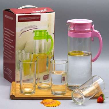 Pitcher Teko Kaca Set Gelas Drink Set 5 Pcs Water Set Kimglass Ketel Riak Jug Glass Tutup Dan Handle